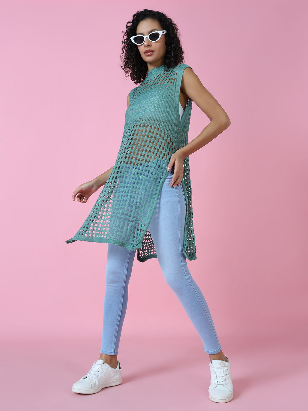 Women Sea Green Solid Crochet Longline Top