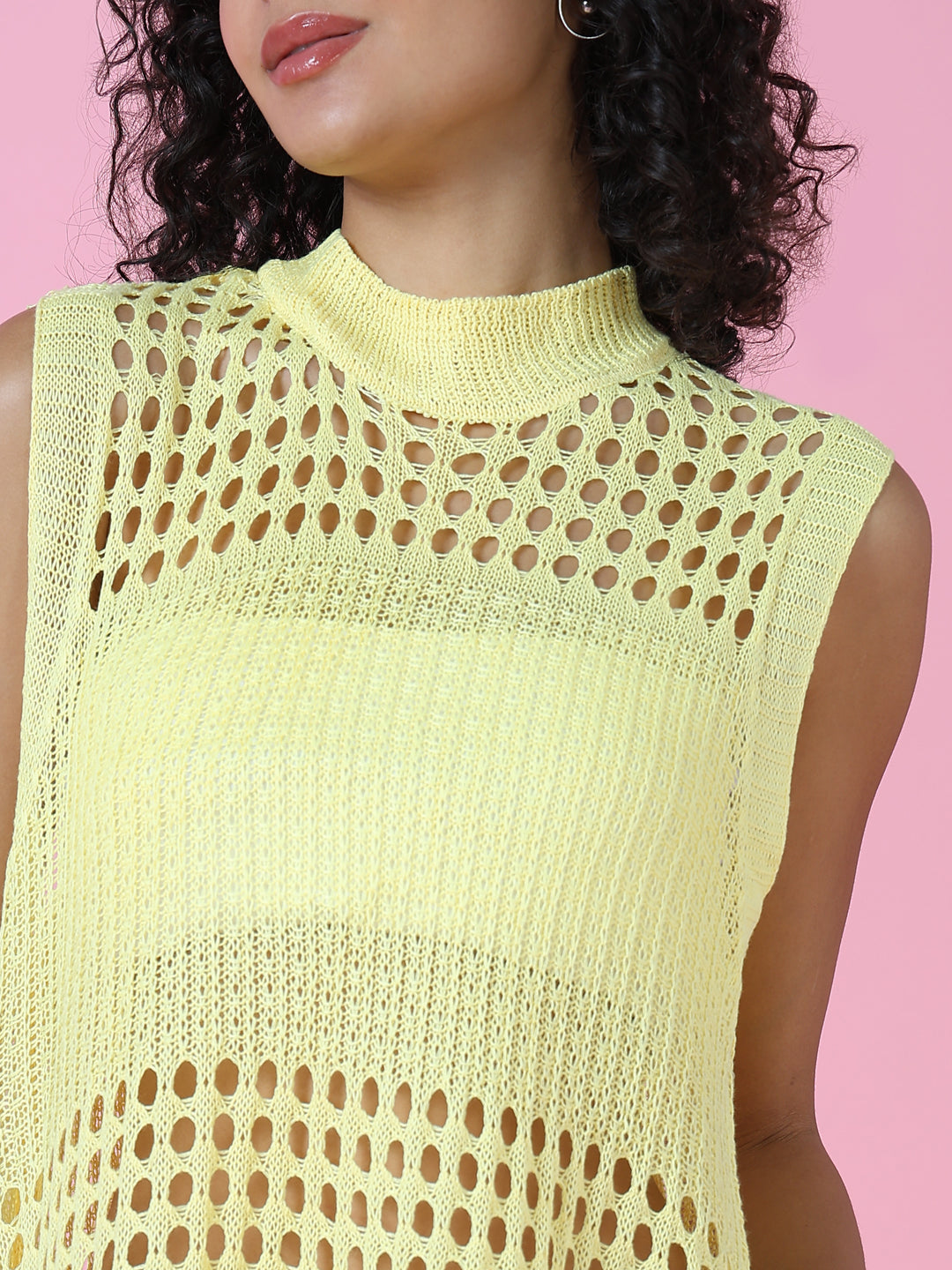 Women Yellow Solid Crochet Longline Top