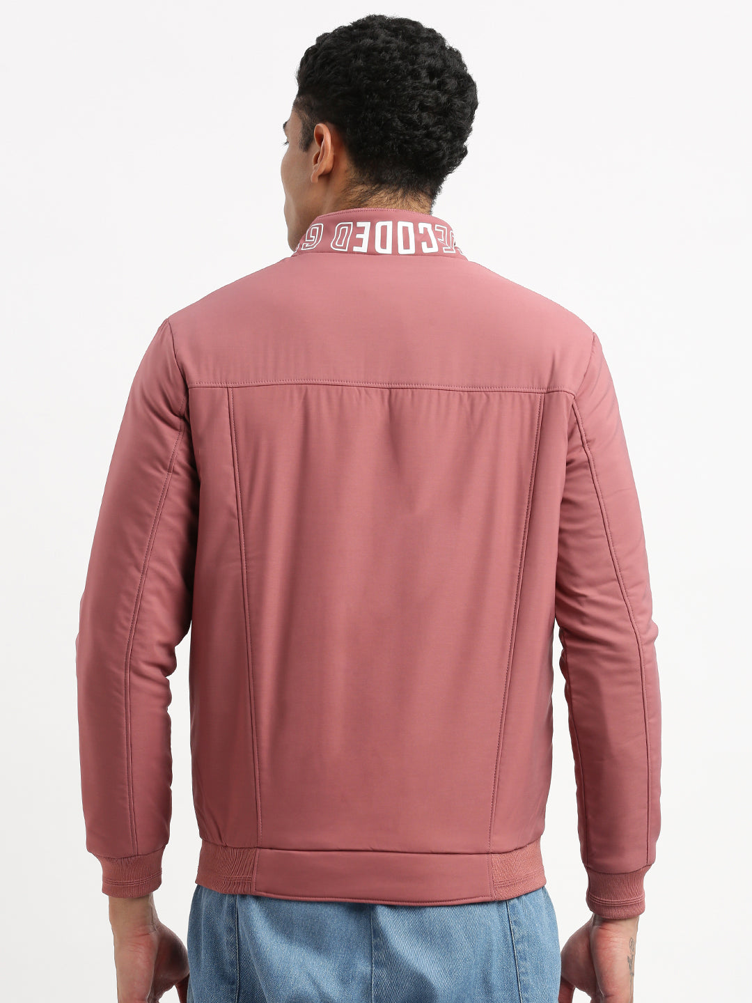 Men Mock Collar Pink Solid Bomber Jacket