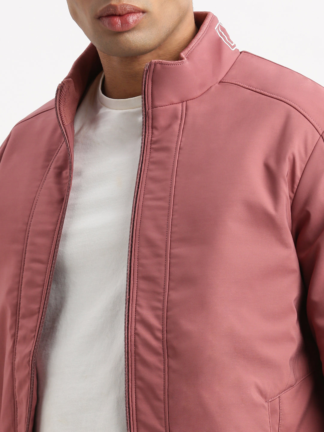 Men Mock Collar Pink Solid Bomber Jacket