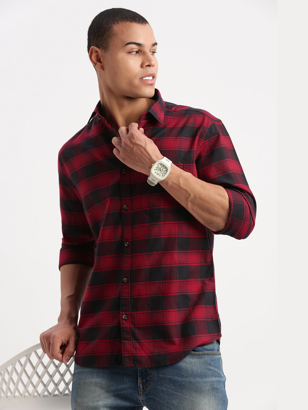 Men Tartan Checks Red Shirt