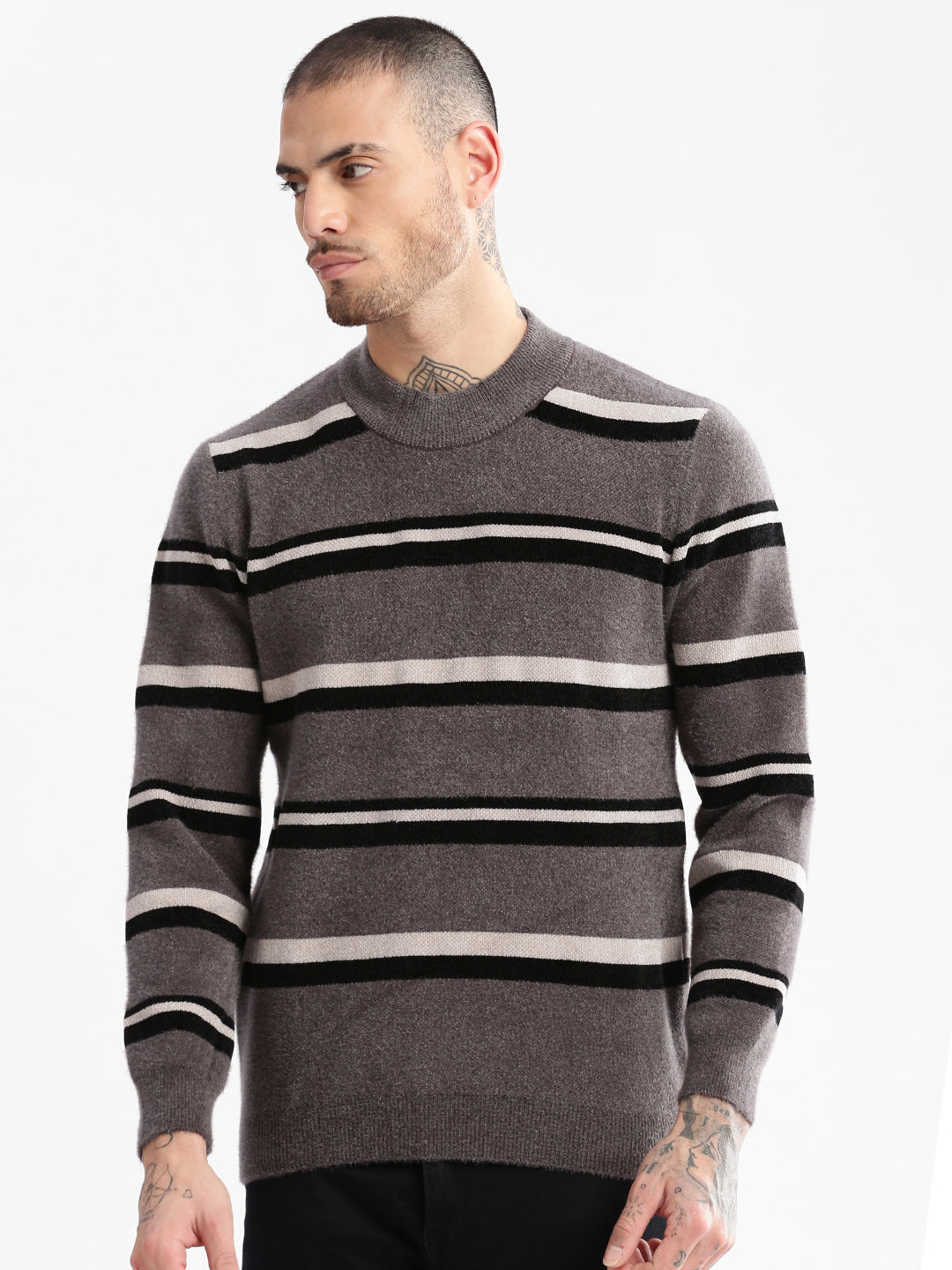 Men Round Neck Striped Grey Pullover