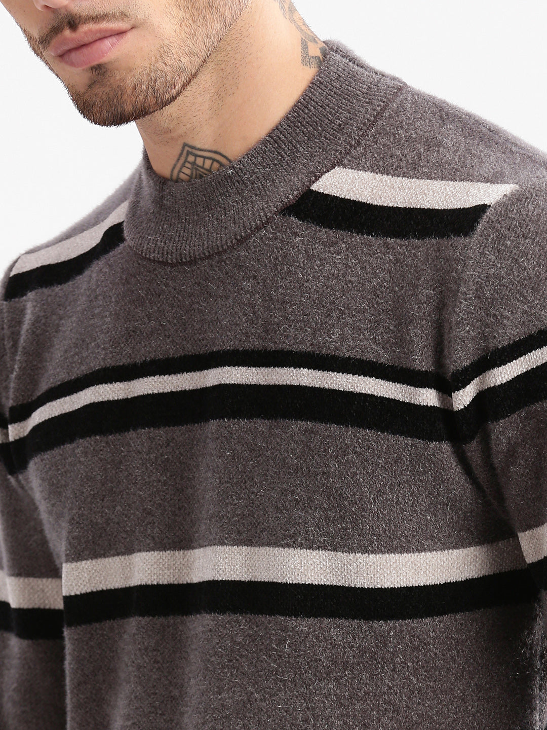 Men Round Neck Striped Grey Pullover