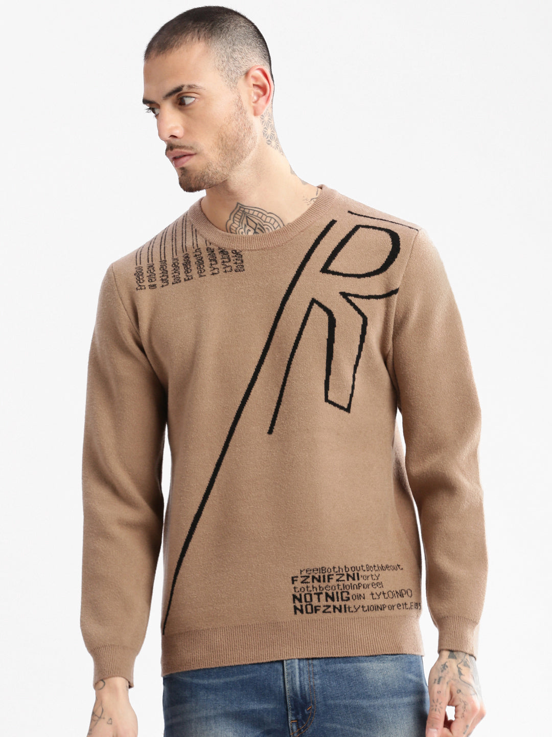 Men Round Neck Typography Brown Pullover