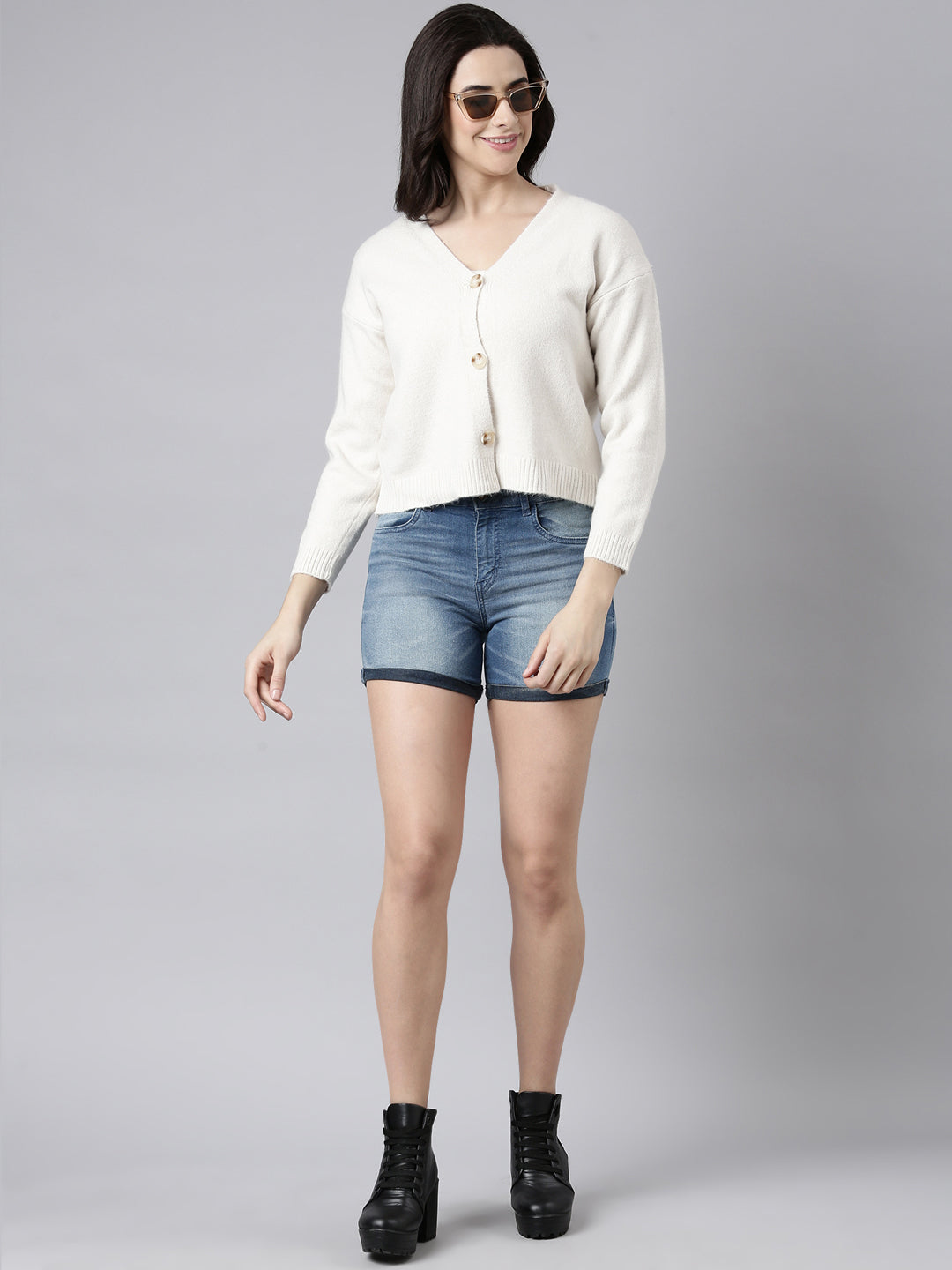 Women Solid Cream Cardigan Comes with Inner Slip
