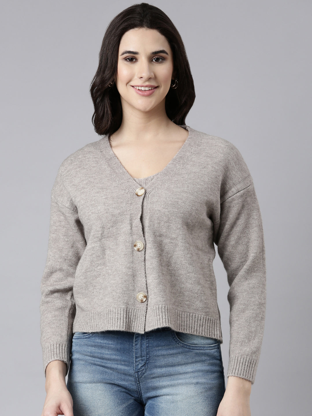 Women Solid Grey Cardigan Comes with Inner Slip