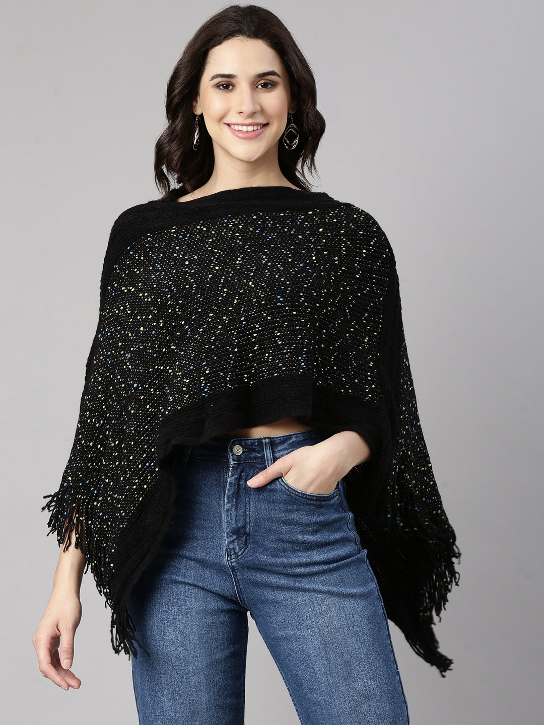 Women Solid Black Poncho