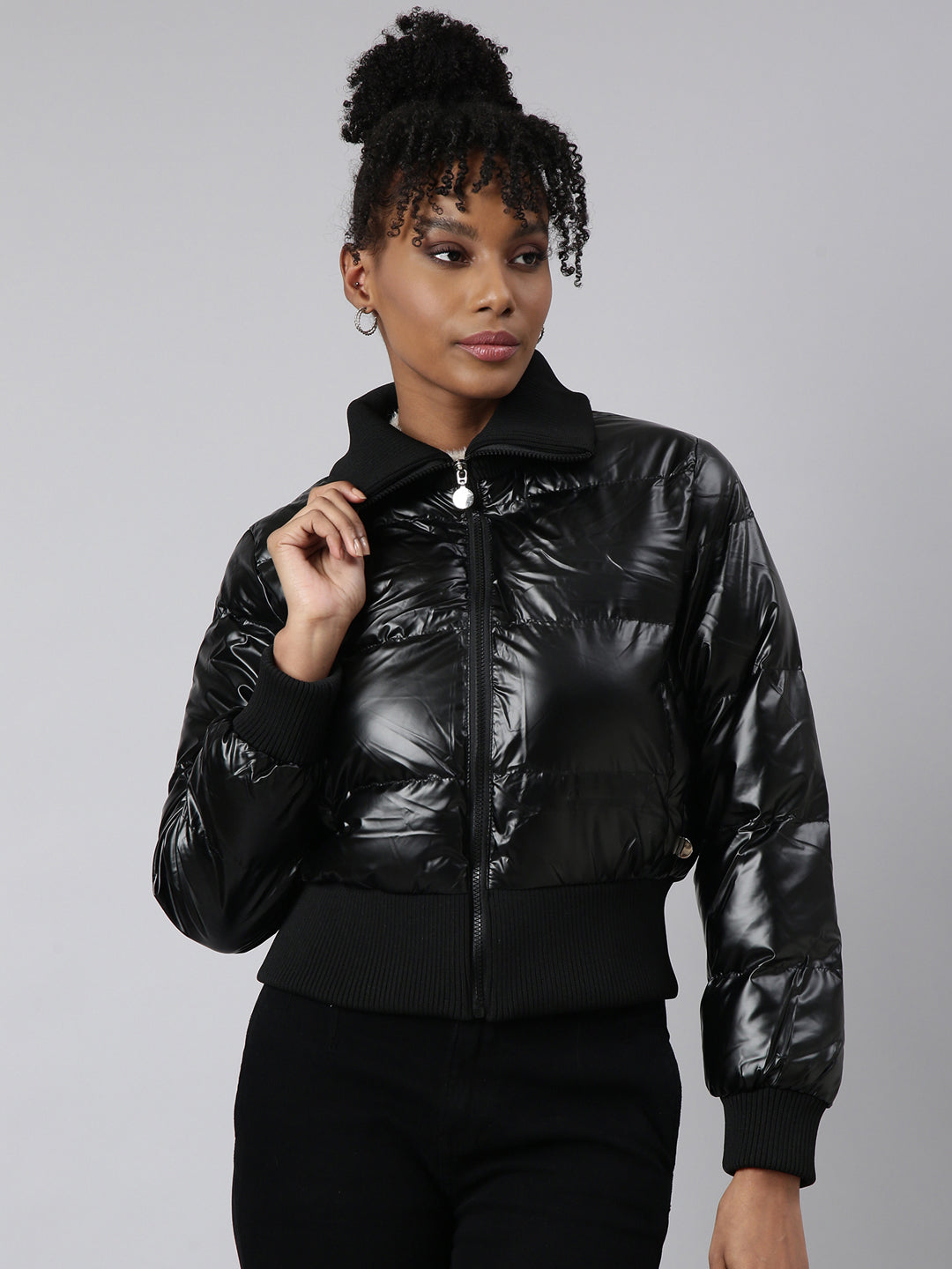 Women Solid Black Puffer Jacket
