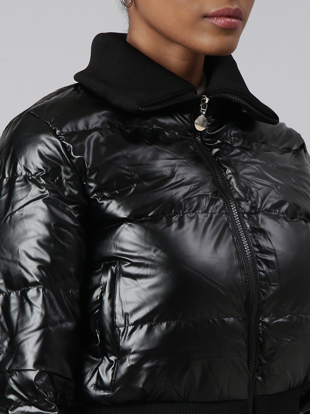 Women Solid Black Puffer Jacket