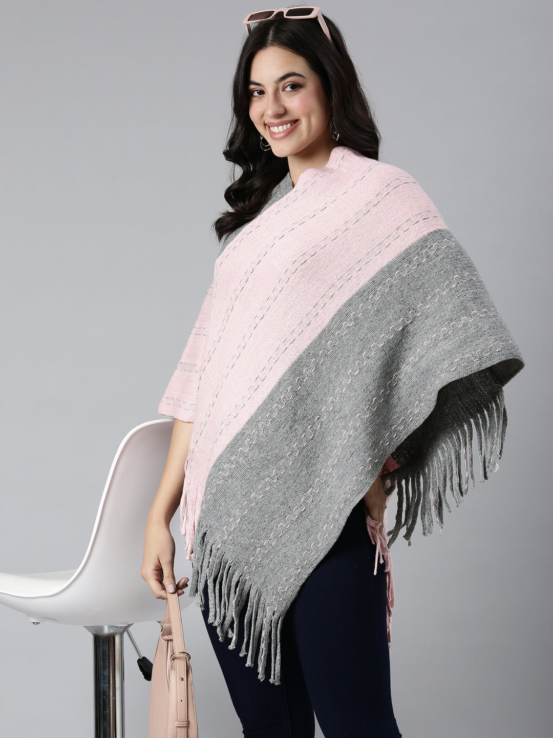 Women Colourblocked Pink Poncho