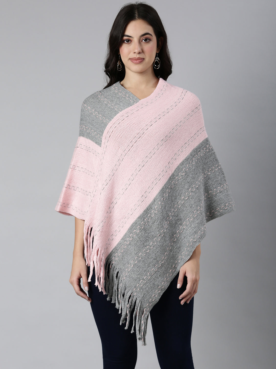 Women Colourblocked Pink Poncho