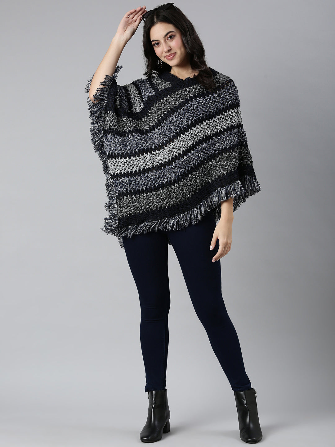 Women Striped Navy Blue Poncho