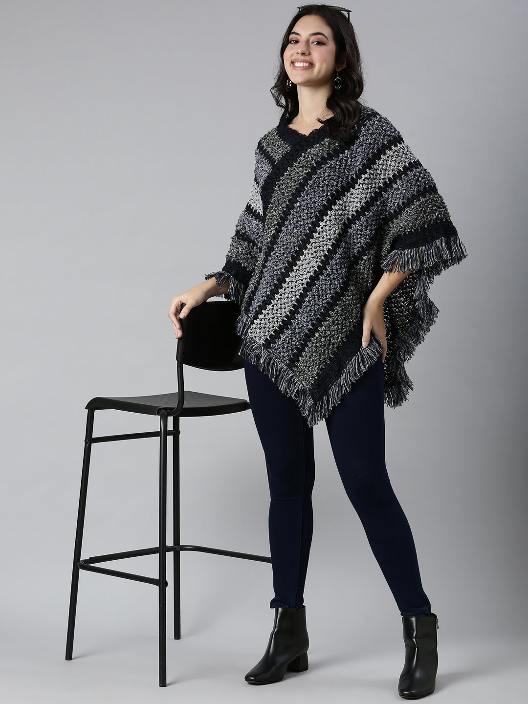 Women Striped Navy Blue Poncho