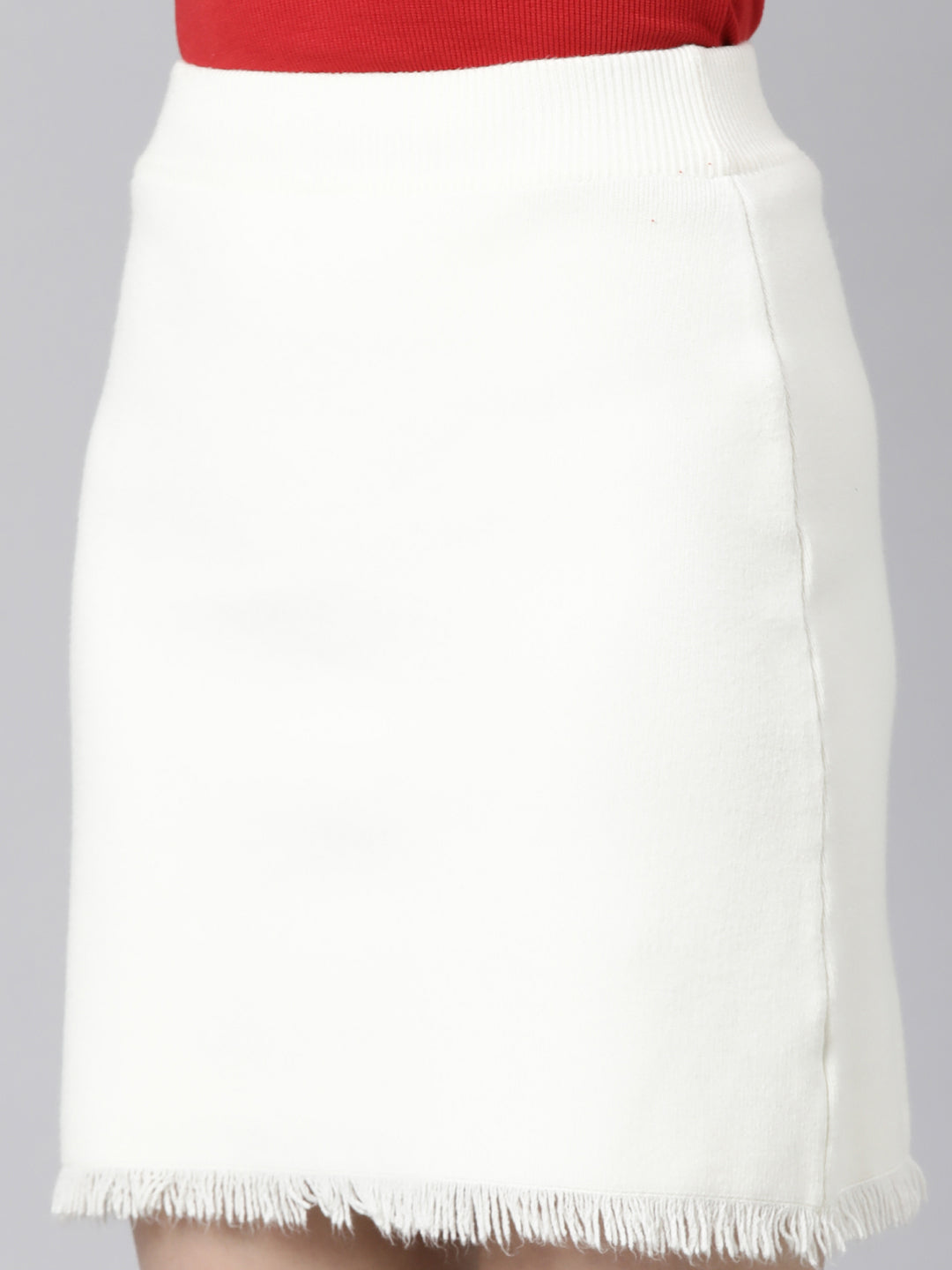 Women Solid Cream Pencil Mini Skirt