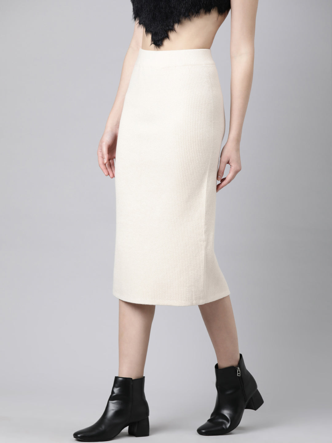 Women Self Design Beige Straight Midi Skirt
