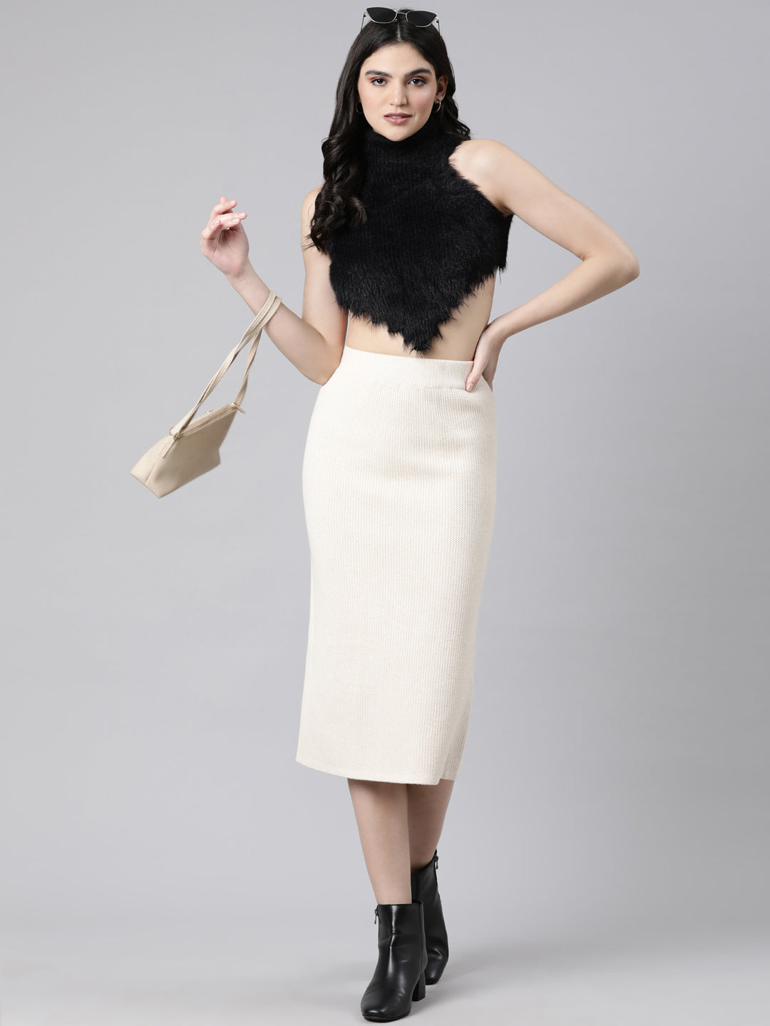 Women Self Design Beige Straight Midi Skirt