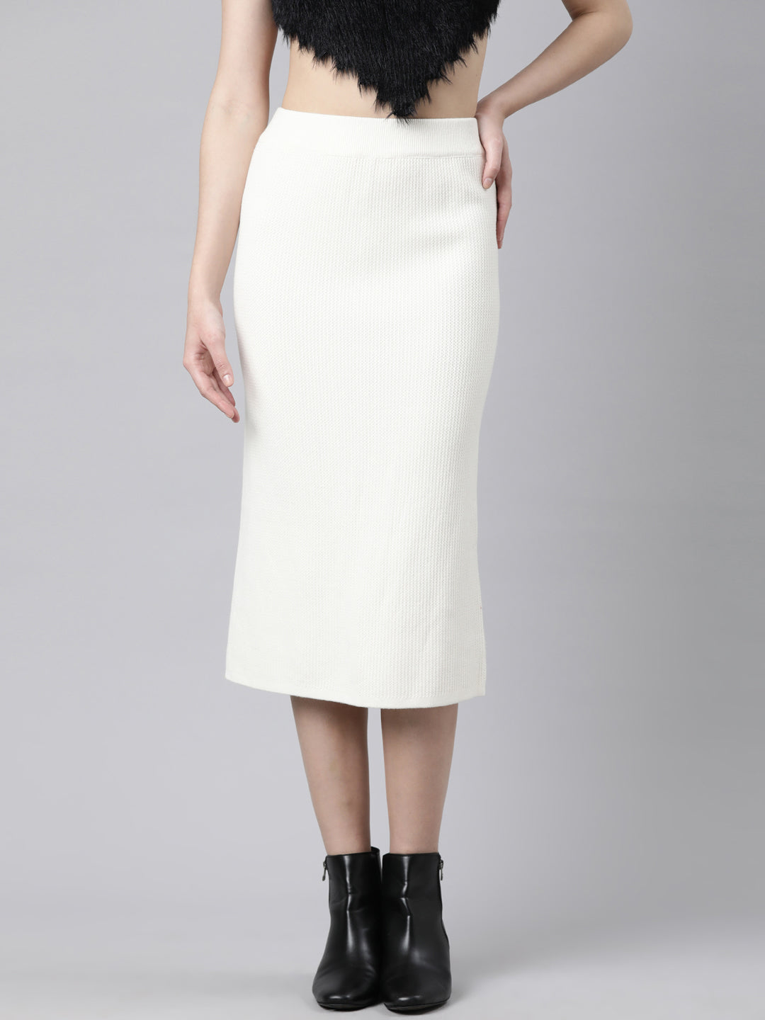 Women Self Design Cream Straight Midi Skirt