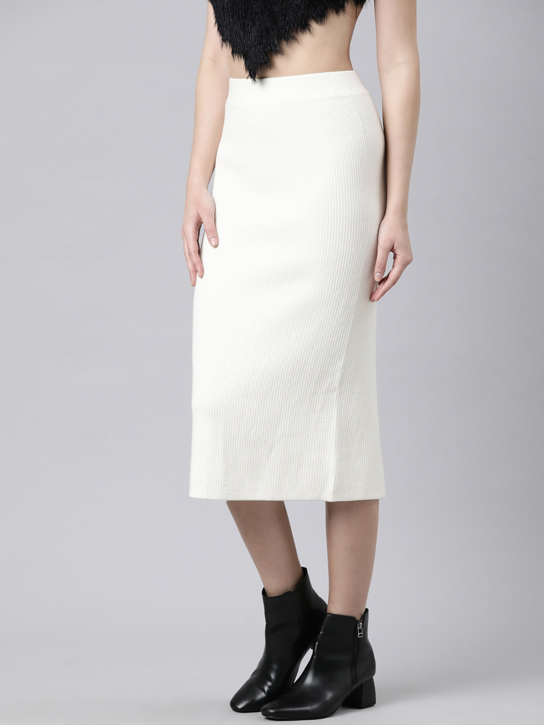 Women Self Design Cream Straight Midi Skirt