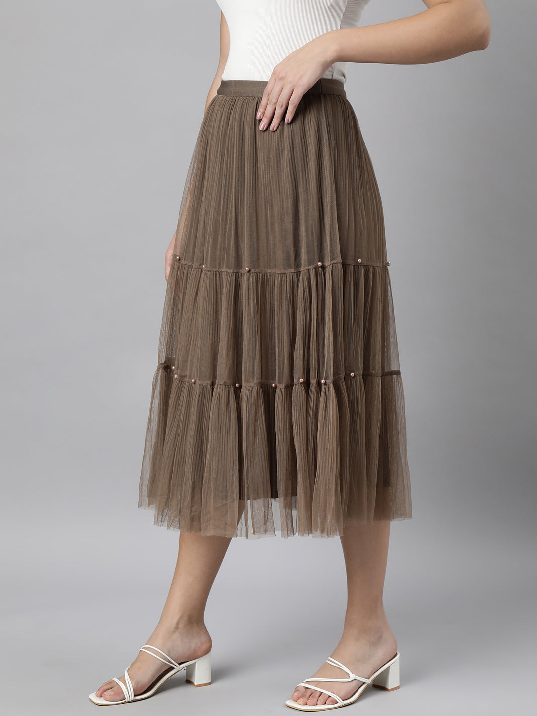 Women Solid Brown Tiered Midi Sheer Skirt