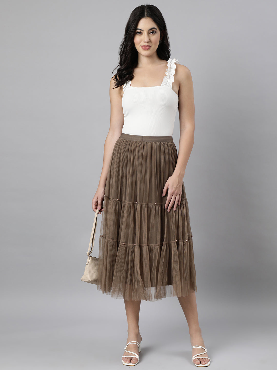 Women Solid Brown Tiered Midi Sheer Skirt