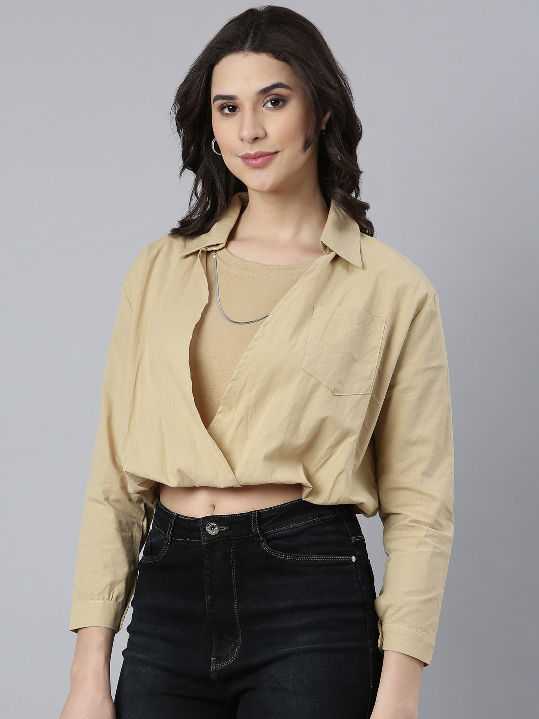 Women Solid Khaki Shirt Style Top Comes with Attached Inner Top and Neck Chain