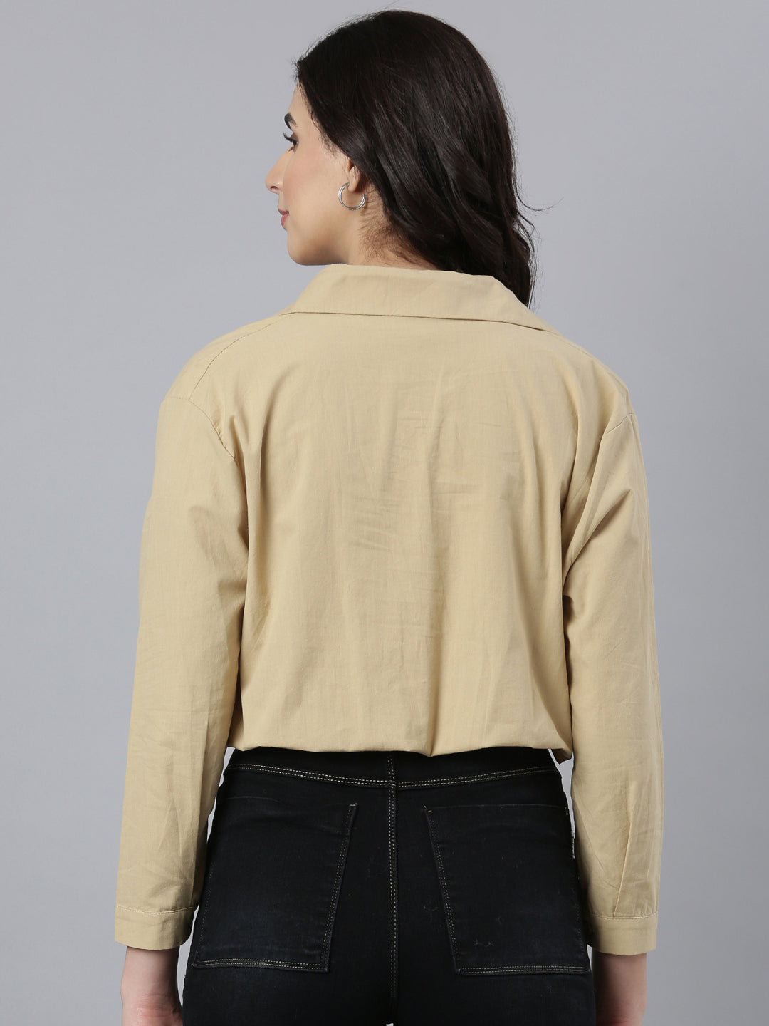 Women Solid Khaki Shirt Style Top Comes with Attached Inner Top and Neck Chain