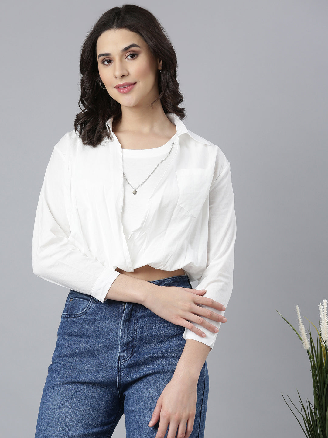 Women Solid Off White Shirt Style Top Comes with Attached Inner Top and Neck Chain