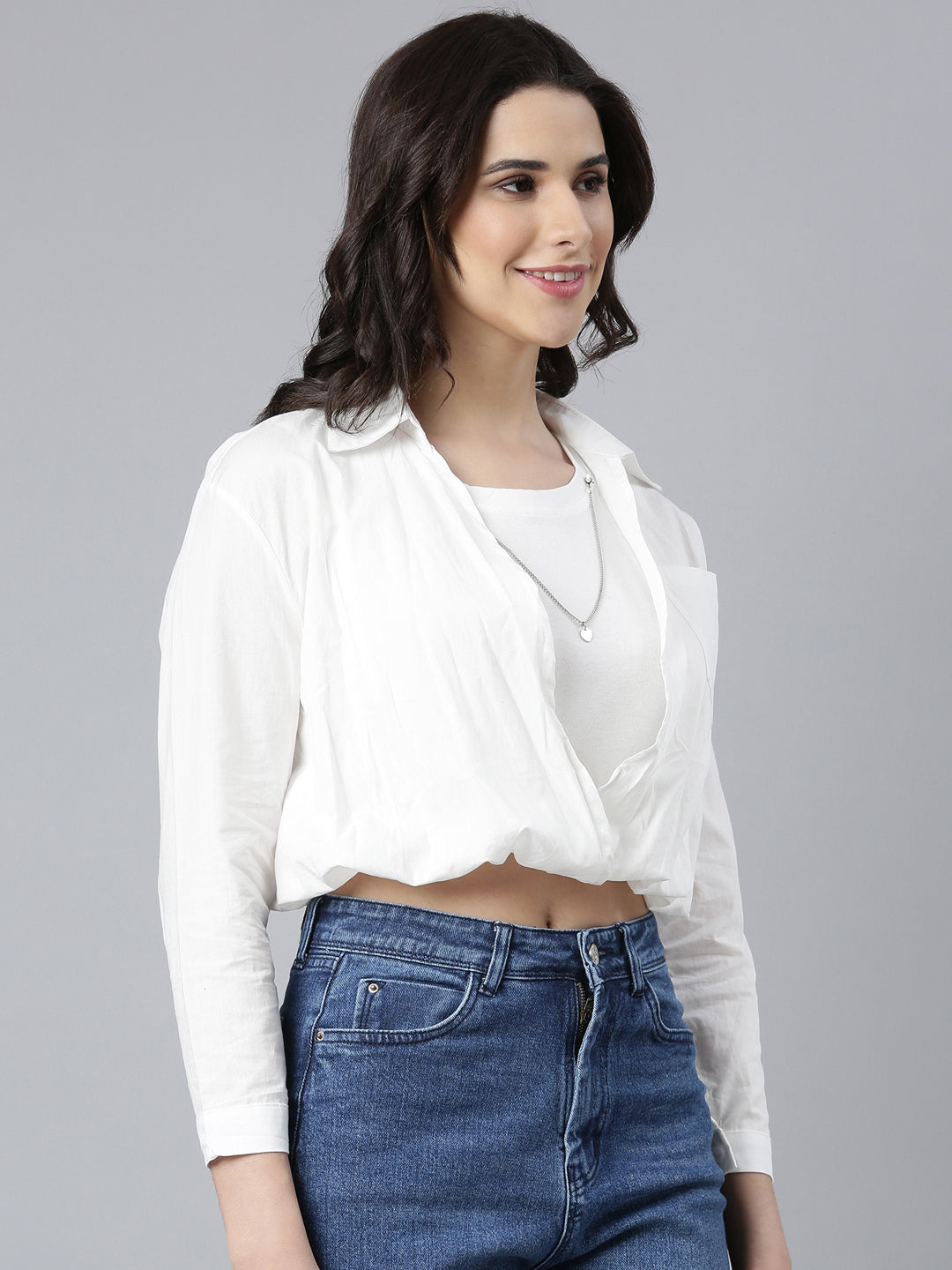Women Solid Off White Shirt Style Top Comes with Attached Inner Top and Neck Chain