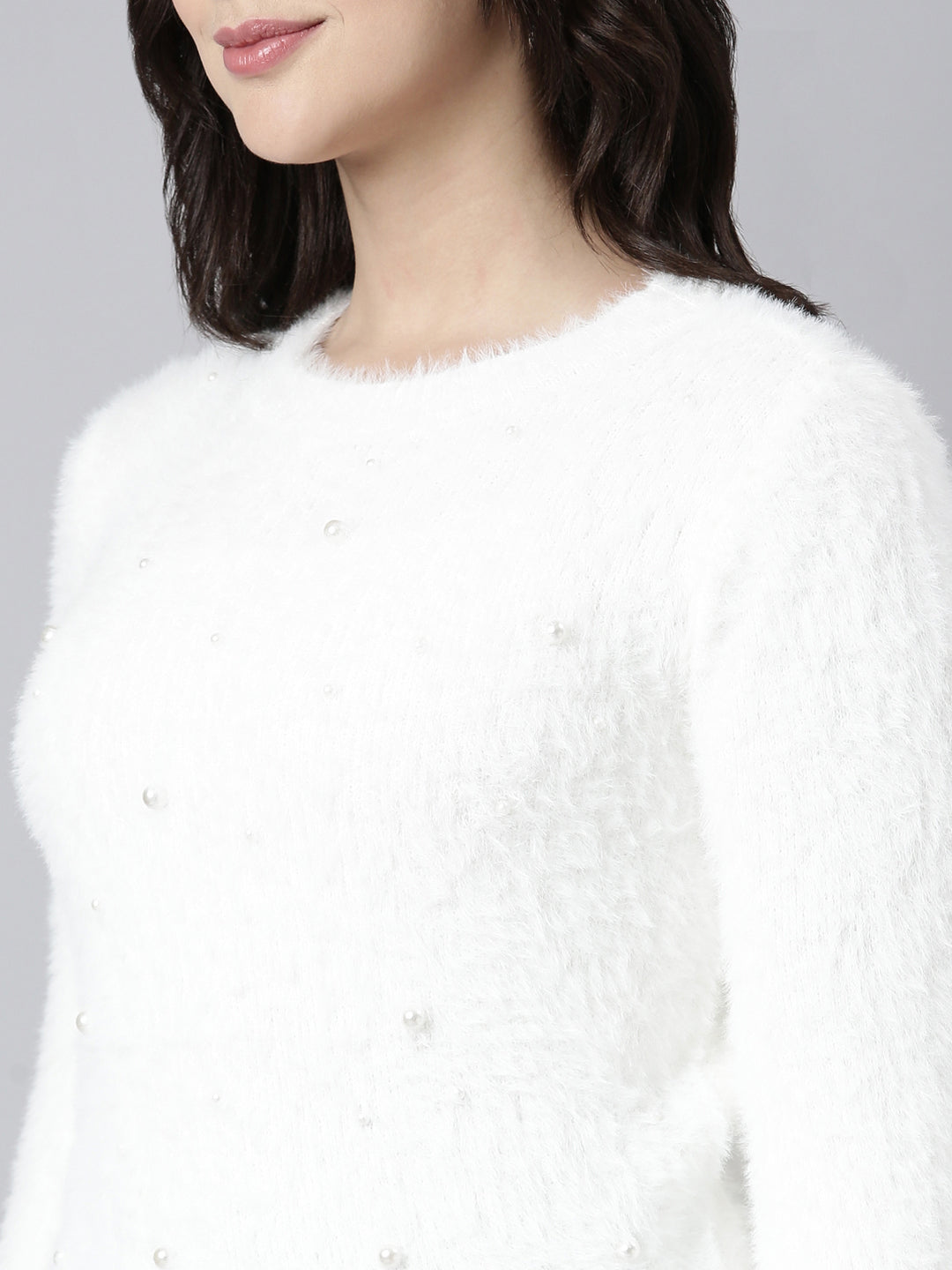 Women Solid Off White Pullover