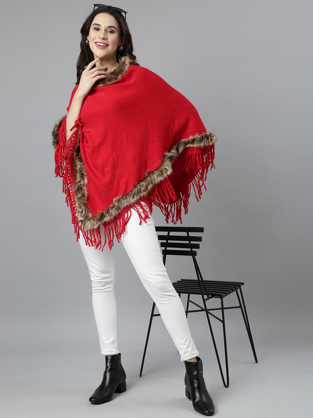 Women Solid Red Longline Poncho