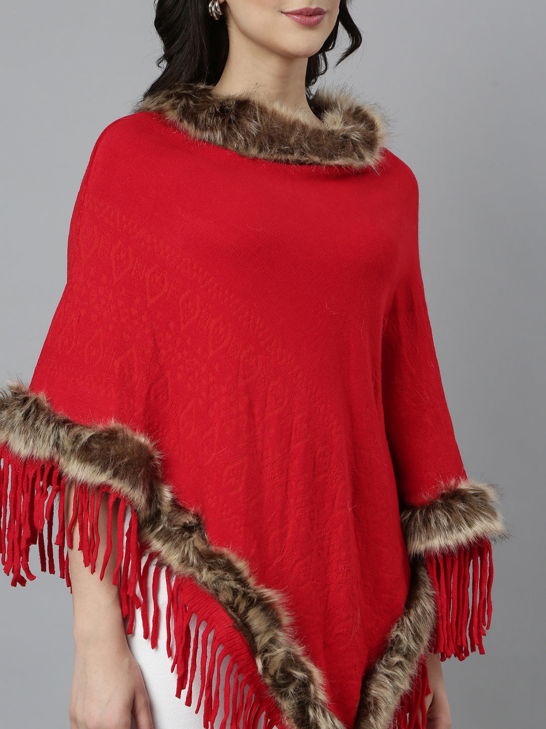 Women Solid Red Longline Poncho