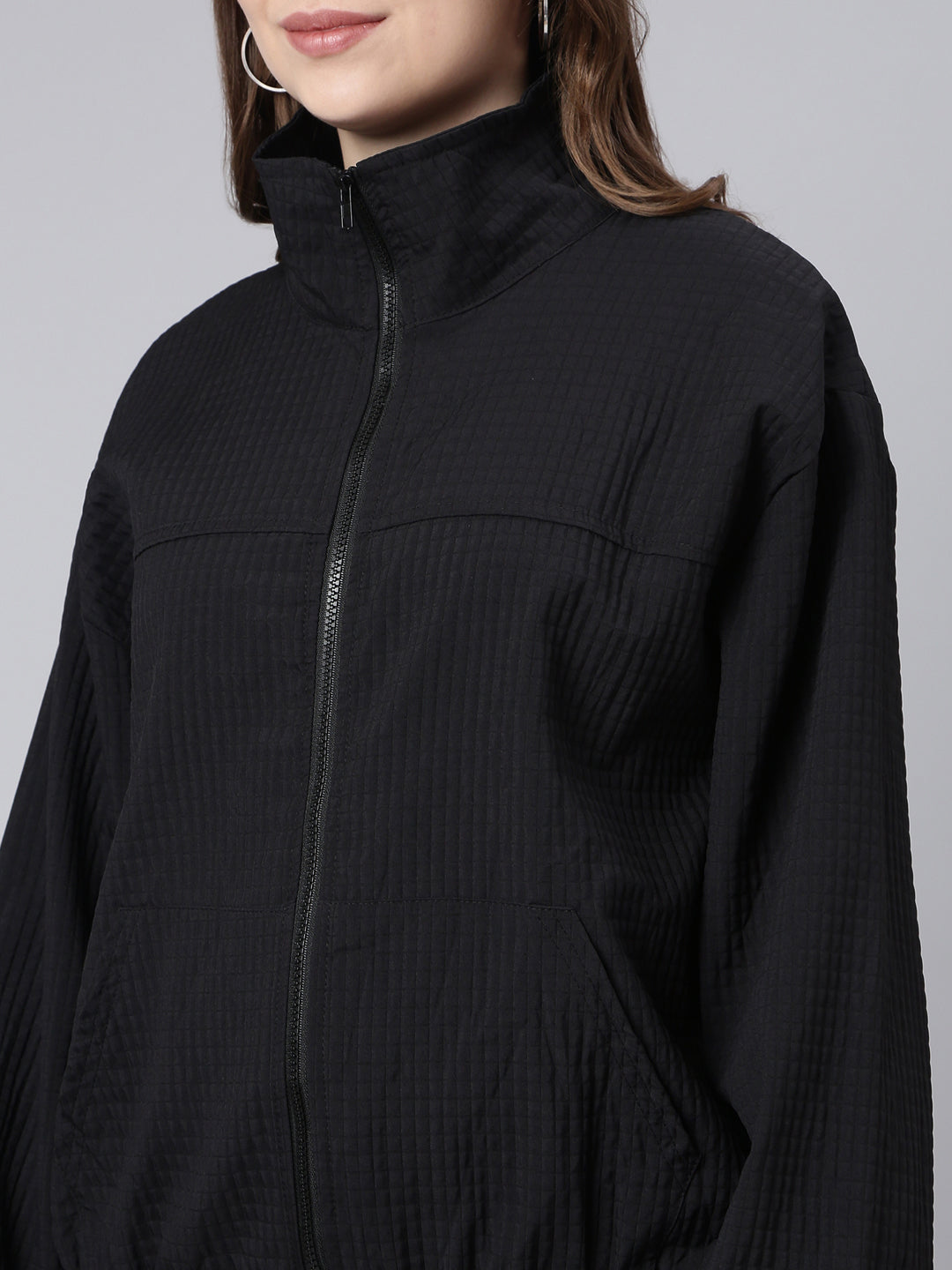 Women Solid Black Oversized Drop Shoulder Bomber Jacket