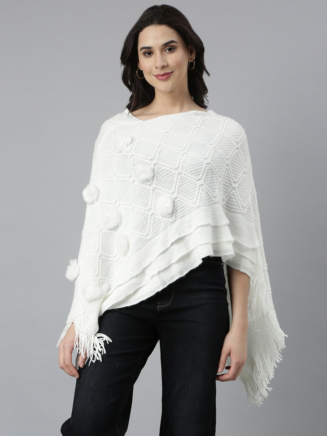 Women Solid Off White Poncho