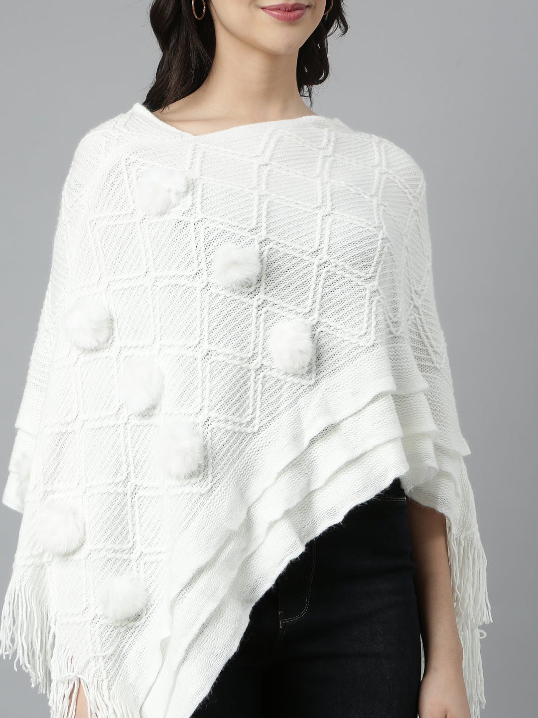 Women Solid Off White Poncho