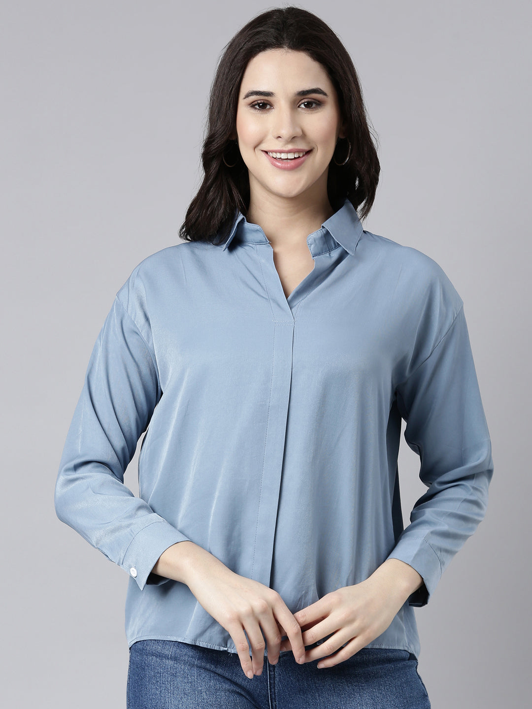 Women Solid Blue Shirt Style Top