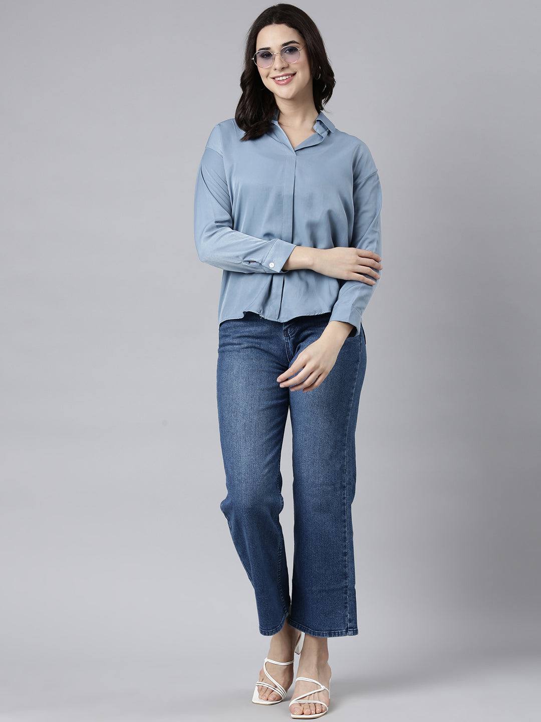Women Solid Blue Shirt Style Top
