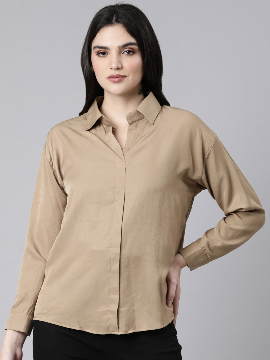 Women Solid Khaki Shirt Style Top