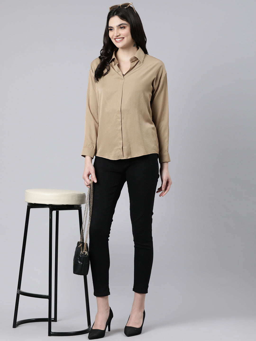 Women Solid Khaki Shirt Style Top