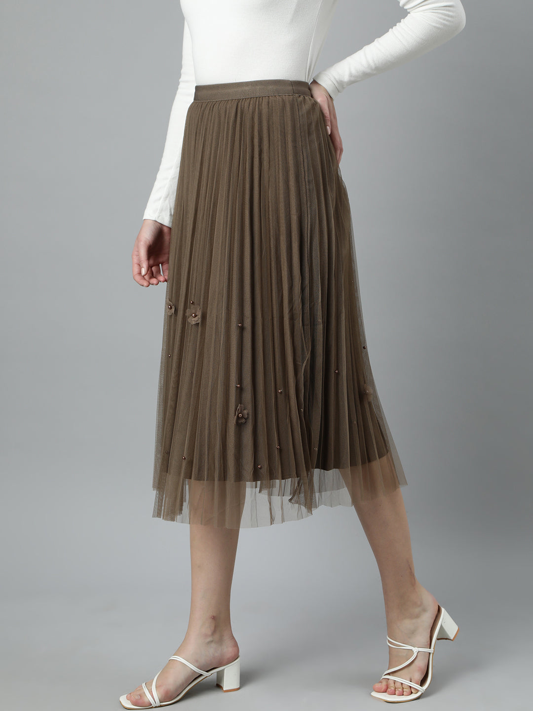 Women Solid Flared Brown Midi Skirt
