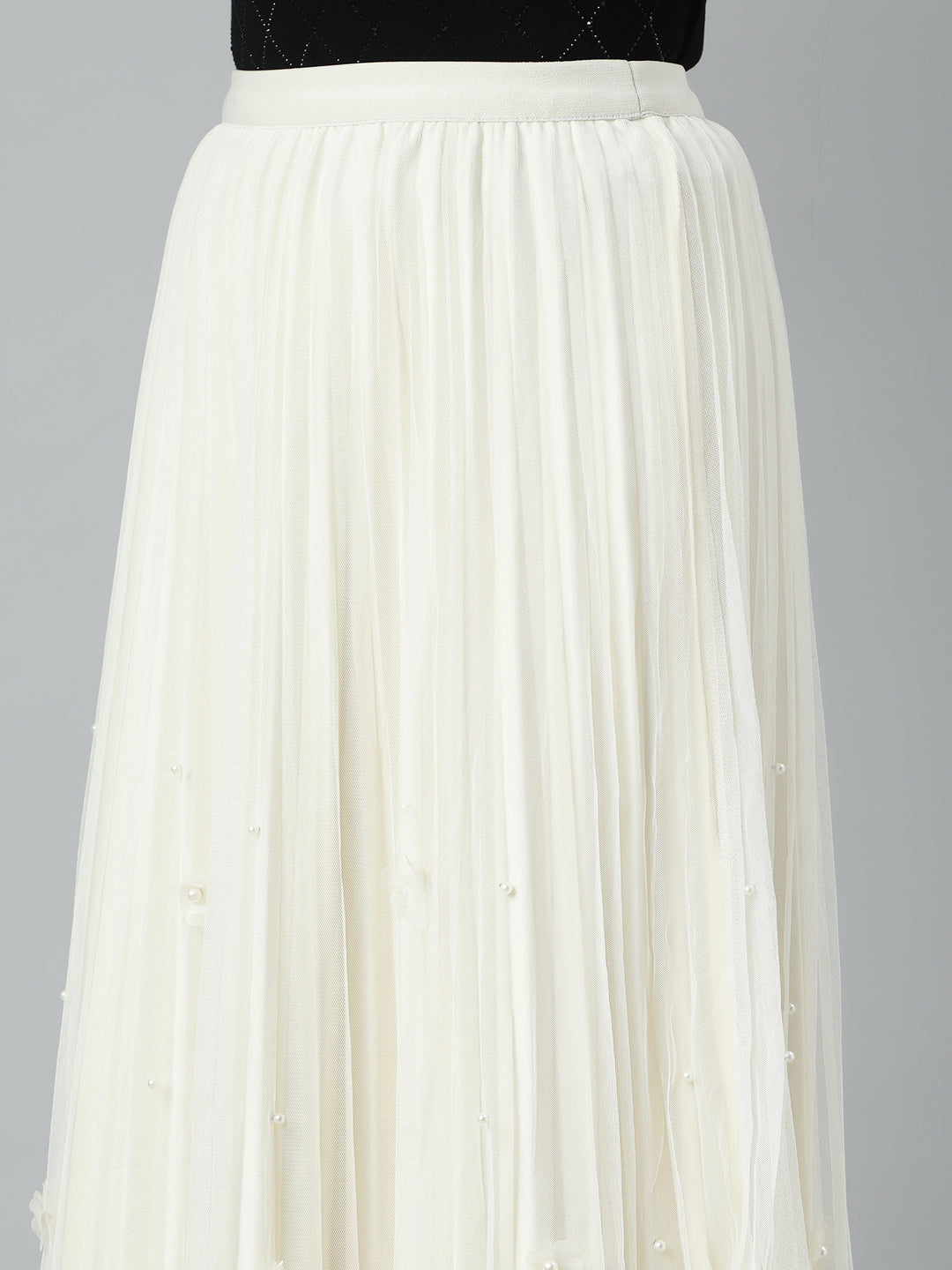Women Solid Flared Cream Midi Skirt