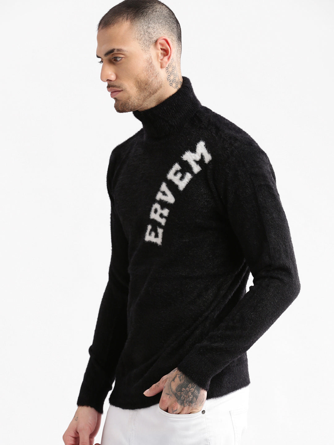 Men Turtle Neck Typography Black Pullover