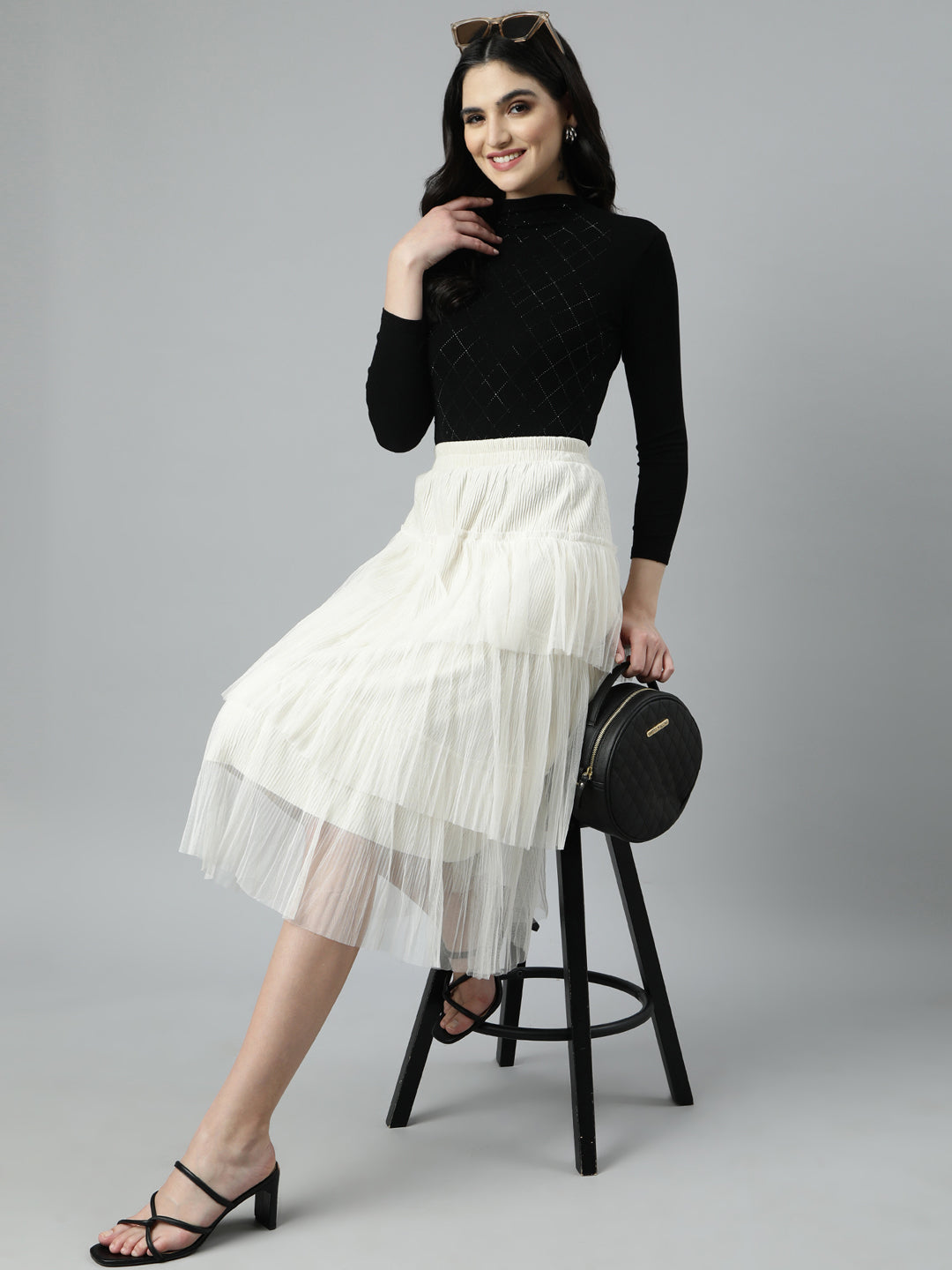 Women Solid Cream Tiered Midi Skirt