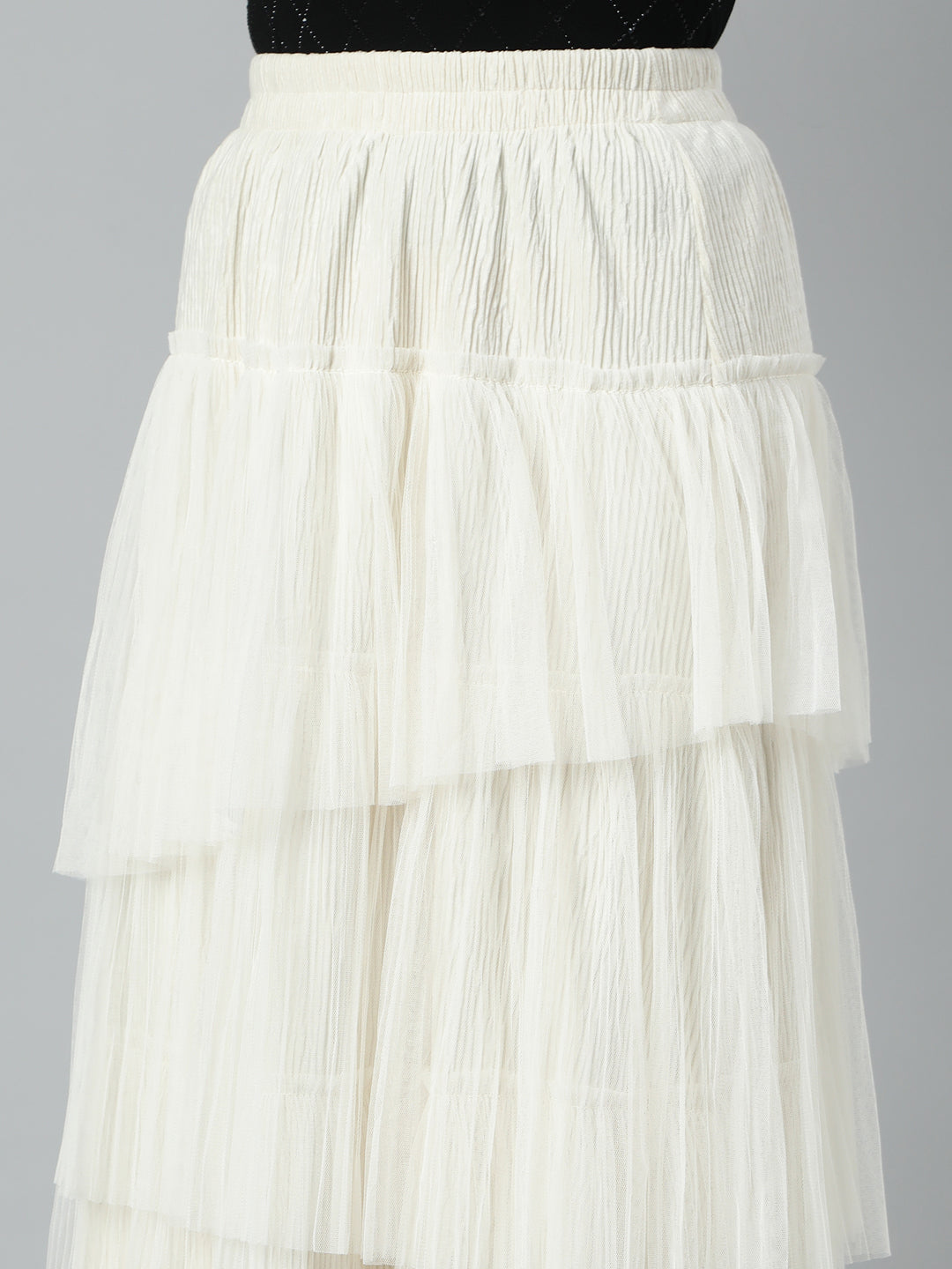 Women Solid Cream Tiered Midi Skirt