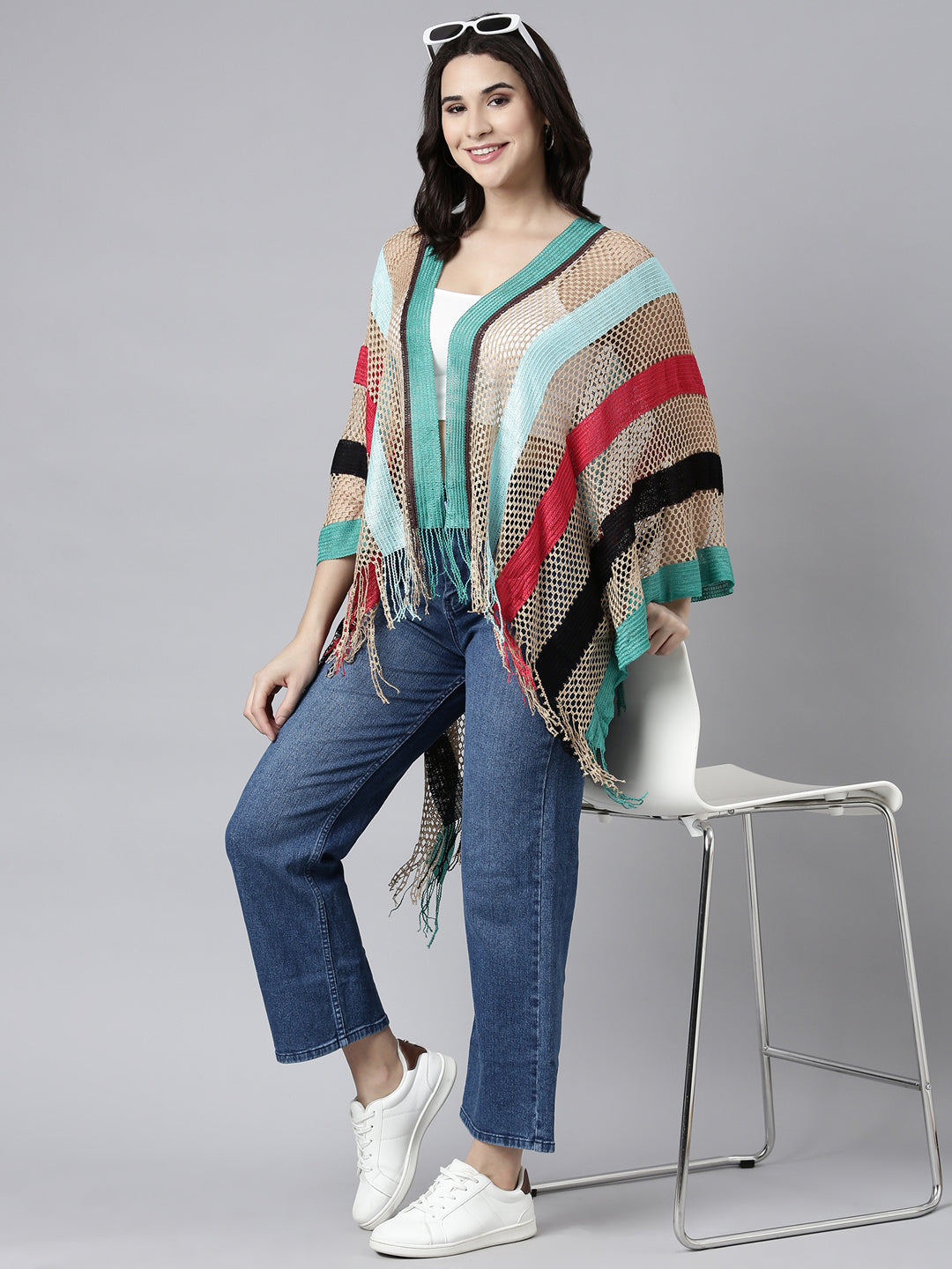 Women Striped Multi Longline Poncho