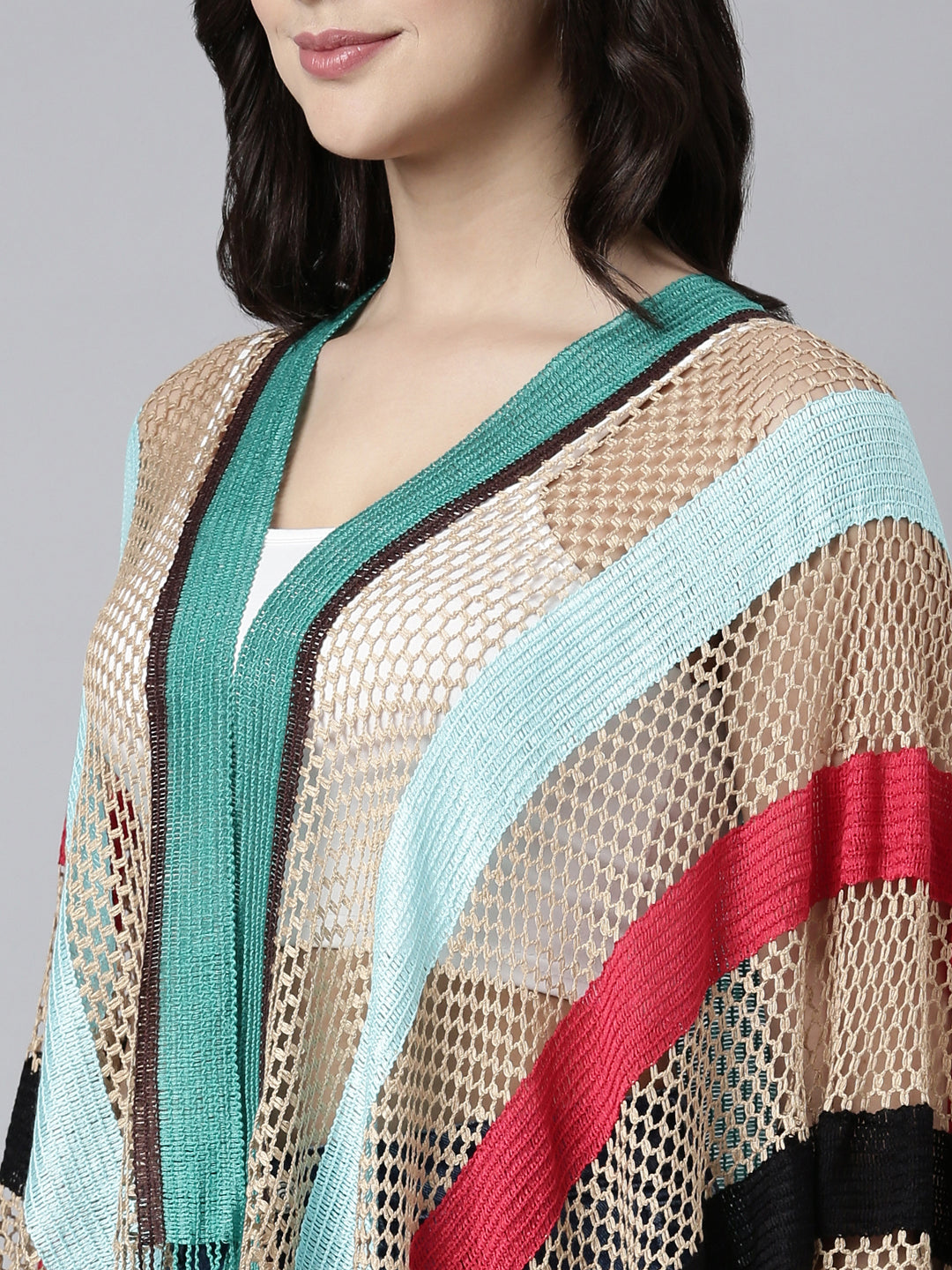 Women Striped Multi Longline Poncho