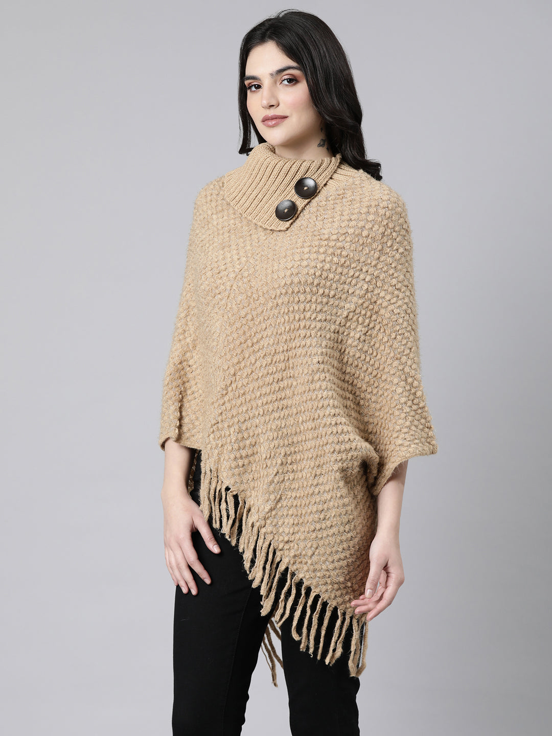 Women Solid Beige Longline Poncho