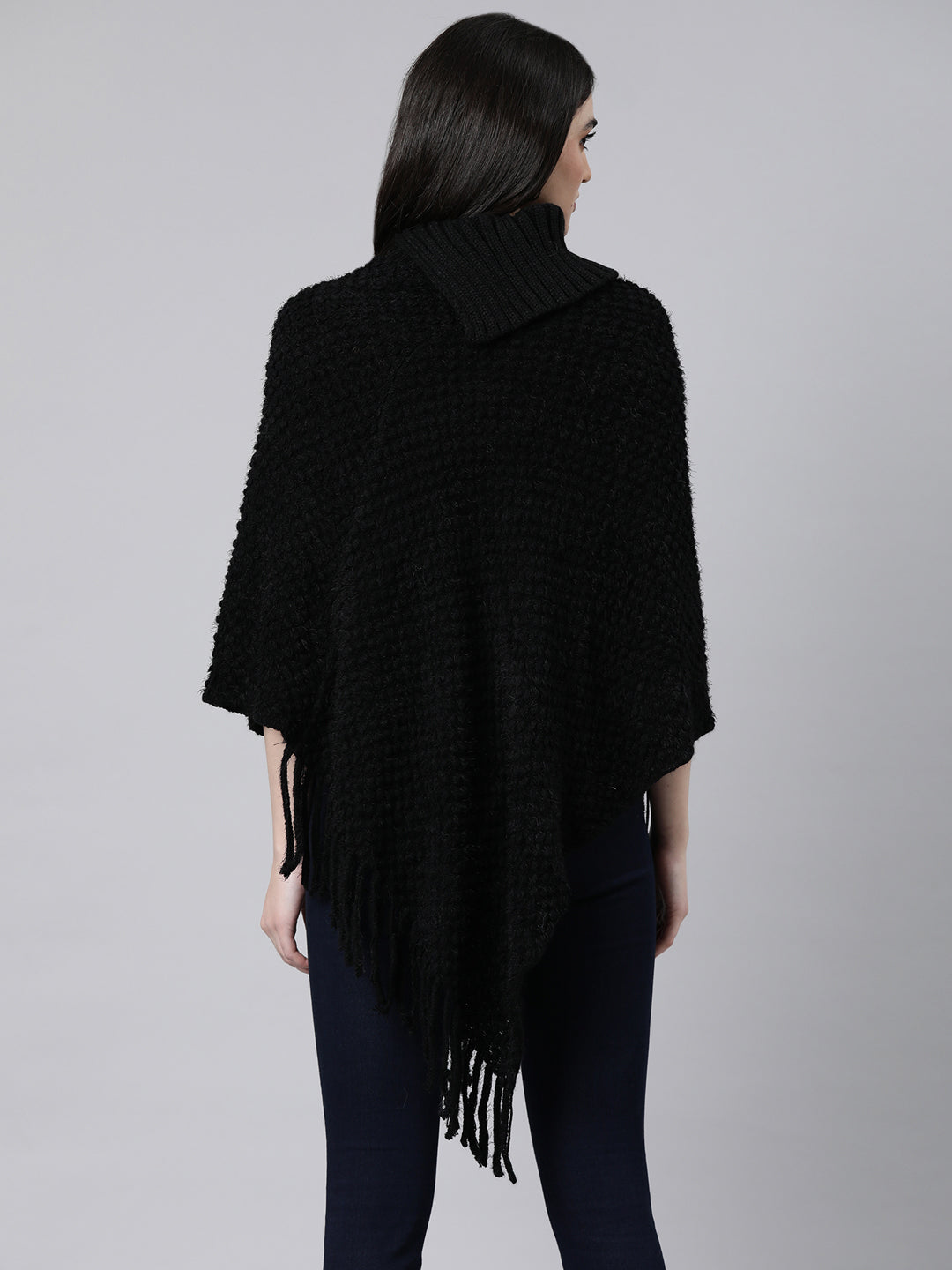 Women Solid Black Longline Poncho