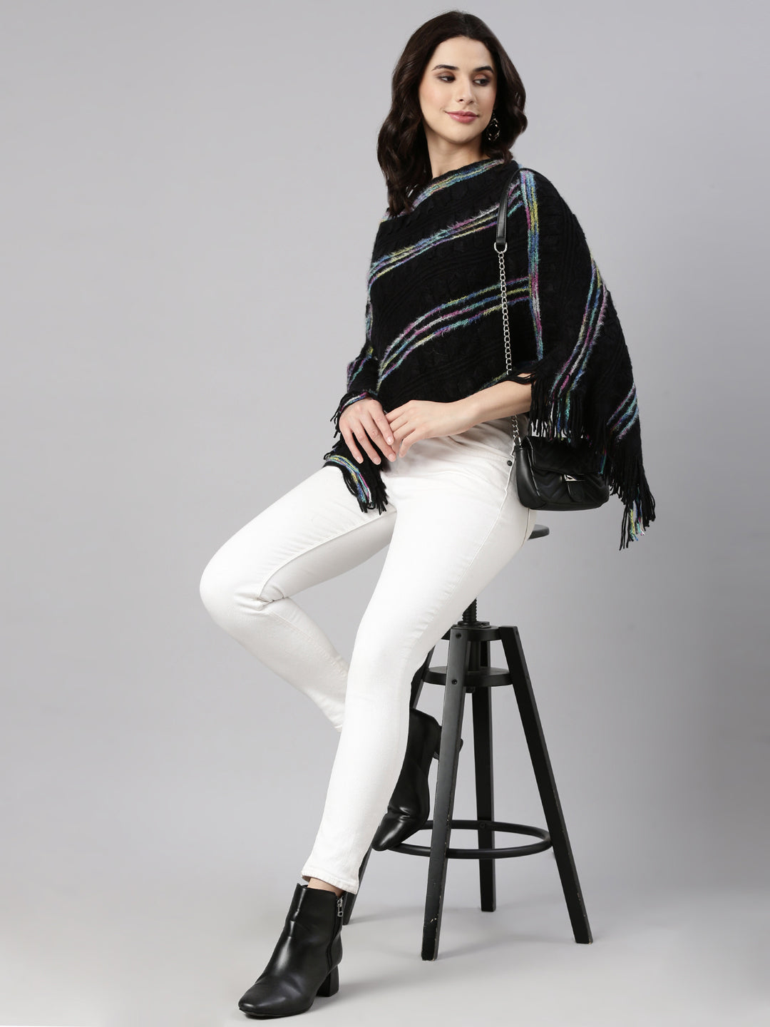 Women Striped Black Poncho