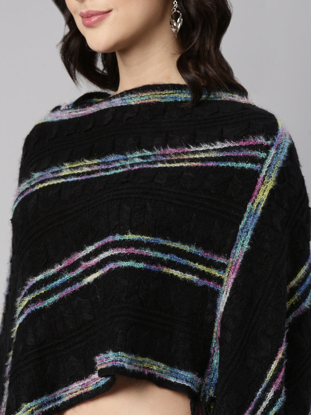 Women Striped Black Poncho