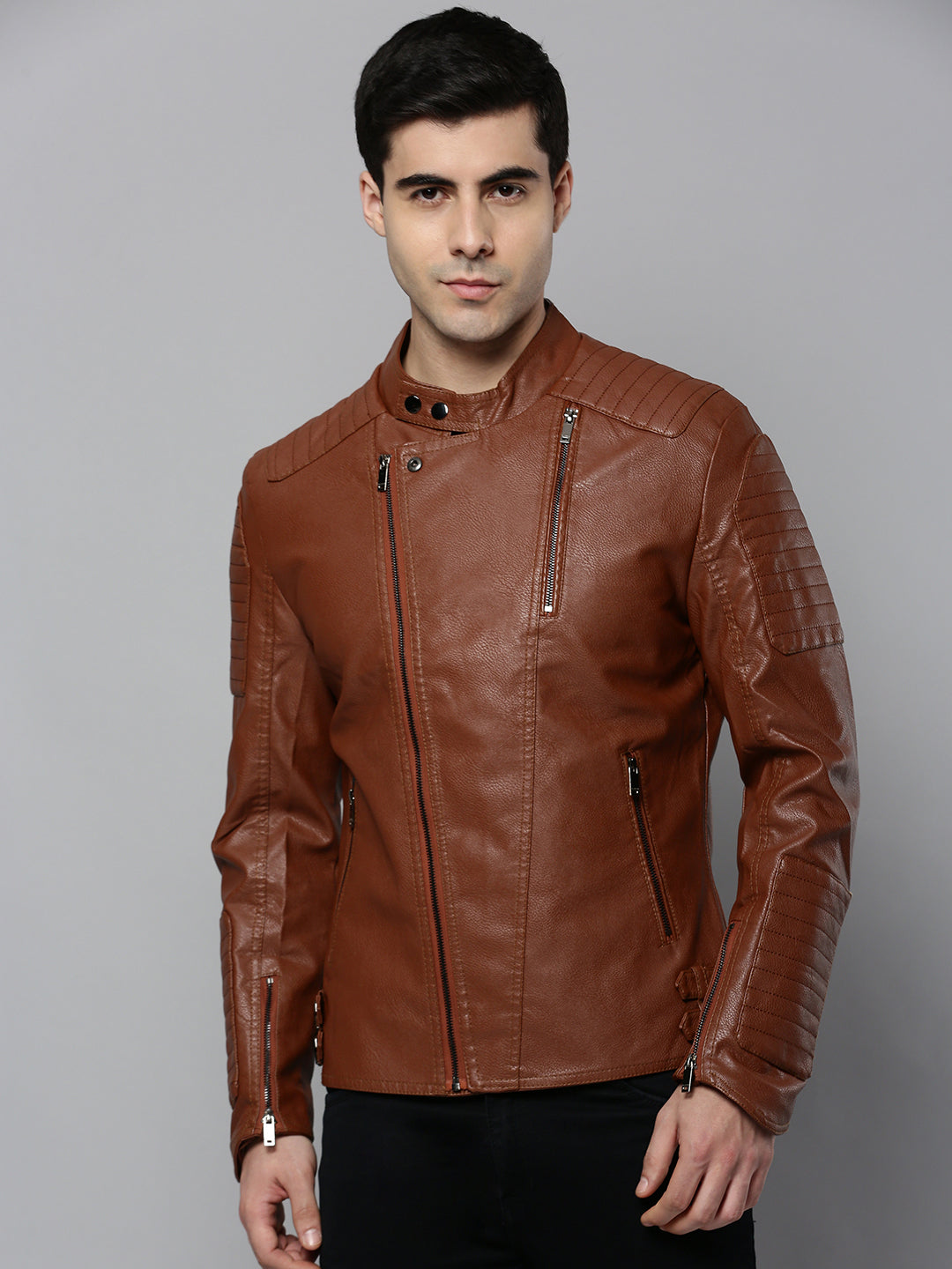 Men Beige Solid Leather Jacket